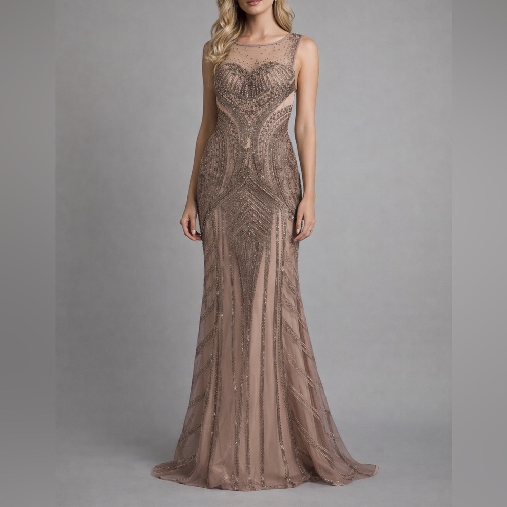 Dave and Johnny Elegant Beaded Illusion Neck Evening Dress 1/2